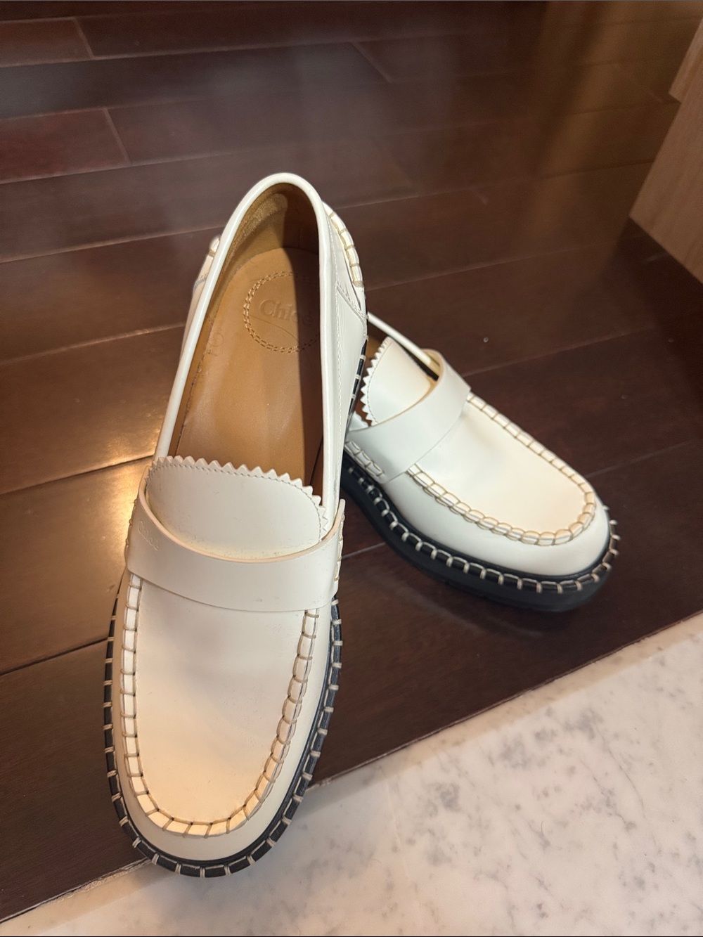 Chloe White Leather Penny Loafers with Contrasting Black Sole